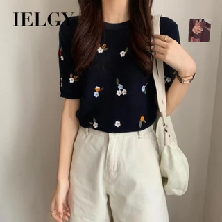 IELGY Áo sweater Dệt Kim Tay Ngắn Cổ Tròn Thêu Hoa Xinh Xắn Dễ Phối Đồ Thời Trang Cho Nữ