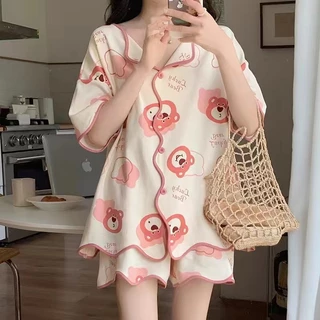 Bộ Đồ Ngủ Pijama Dáng Rộng Tay Ngắn + Quần Ngắn Lưng Cao Thoải Mái Thời Trang Mùa Hè 2023 Cho Nữ plus size M-2XLLapel