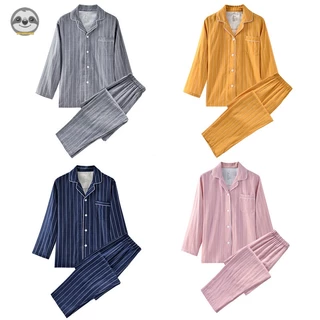 Bộ Đồ Ngủ Pijama Hai Lớp / Quần Dài Bằng Vải cotton Kẻ Sọc Dọc Phong Cách muji Nhật Bản Dành Cho Cặp Đôi / Nam Nữ