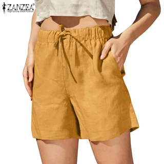 Zanzea Quần Short Cotton Lanh Lưng Thun Rút Dây Có Túi Bên Hông Phong Cách Vintage Cho Nữ