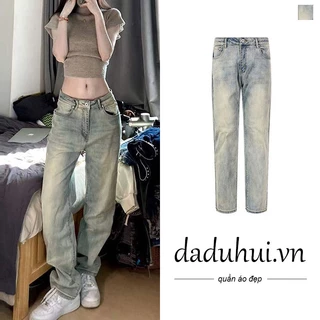 Daduhui New American ins street retro yellow mud jeans high waist slim straight pants large size trousers