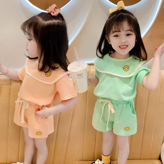 Girls middle small children summer suits 2021 summer style phiên bản hàn quốc cute smiley short-sleeved t-shirt + shorts two-piece suit