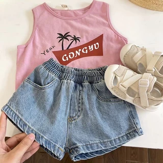 Set Đồ Mùa Hè 2023 Gồm Áo Ba Lỗ In Họa Tiết + Quần Ngắn Denim Thời Trang Cho Bé Gái