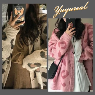 Yuyureal Áo khoác cardigan len họa tiết da báo dáng dài 3 màu