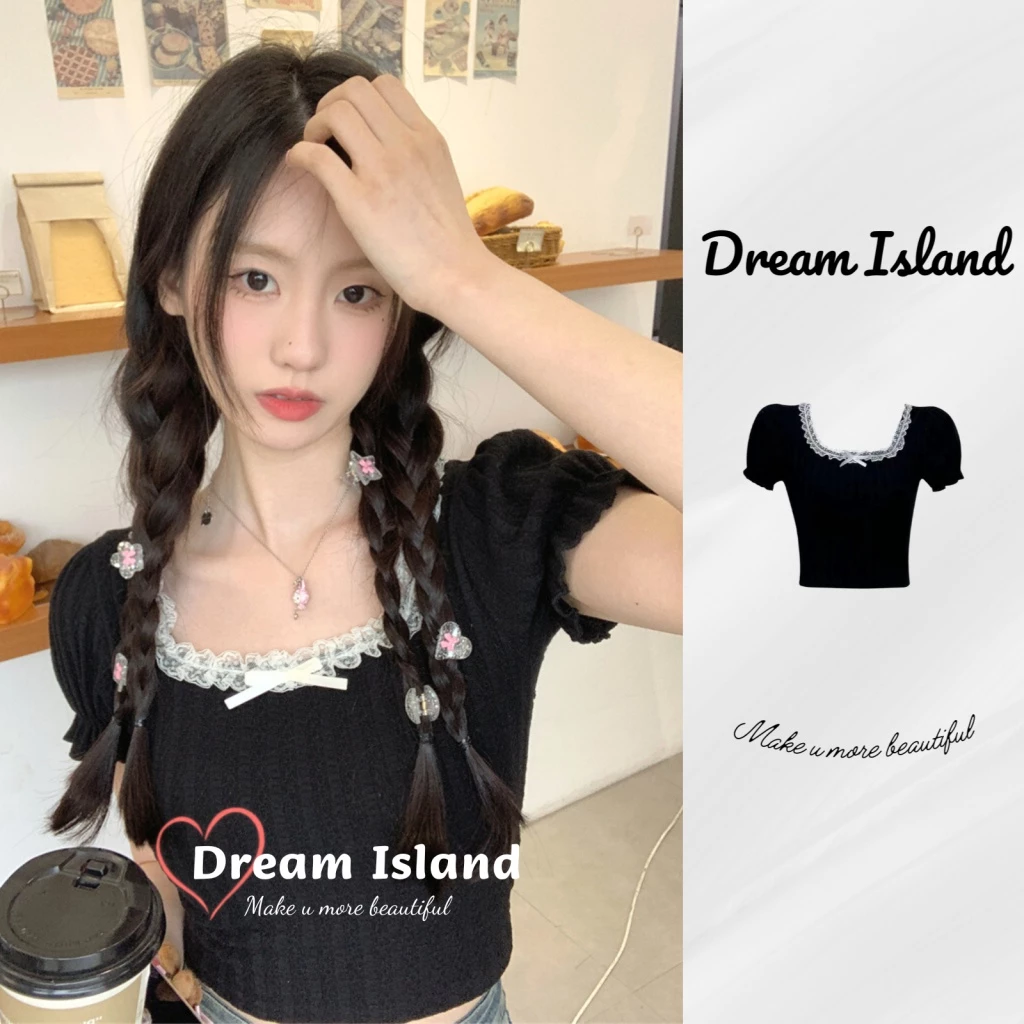 『Dream Island』Áo croptop Tay Ngắn Dáng Ôm Cột Nơ Phối Ren Phong Cách Pháp Dễ Thương Cho Bạn Gái