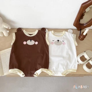 Bộ Áo Liền Quần Vải Cotton Cổ Tròn Tay Ngắn In Hoạt Hình Gấu Dễ Thương Cho Bé