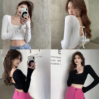 Áo Croptop Tay Dài Cổ Vuông Thiết Kế Hở Lưng Quyến Rũ