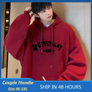 (vải đẹp)Áo hoodie dáng rộng lót cotton 100% hai lớp có mũ trùm thời trang cho unisex Rượu vang đỏ thư nhung đôi áo len