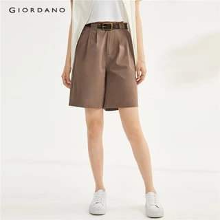 Quần đùi nữ GIORDANO 18403709 dệt kim 100% cotton cạp cao xếp ly màu trơn giản dị