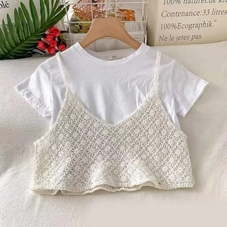 Honniehouse- Áo croptop nữ không tay cổ V đan móc hoa thời trang vintage