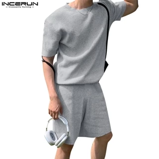 Bộ đồ hai món INCERUN gồm áo thun tay ngắn và quần short đơn giản phong cách Hàn Quốc thời trang dành cho nam