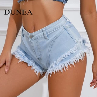 DUNEA Quần Short Denim Lưng Cao Thiết Kế Xếp Tầng Thời Trang Quyến Rũ Cho Nữ