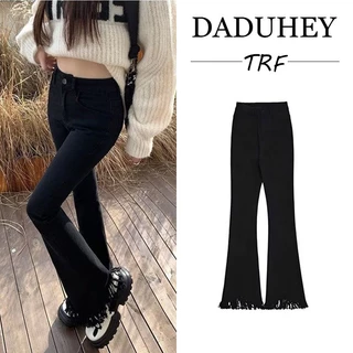 DaDuHey💕 New Korean Version of INS Raw Edge Jeans High Waist Niche Micro Flared Pants Large Size Trousers