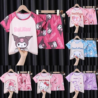 Bộ Đồ Ngủ Áo Thun Tay Ngắn In Hoạt Hình Kuromi Dễ Thương Thời Trang Mùa Hè Pijama Cho Bé Gái