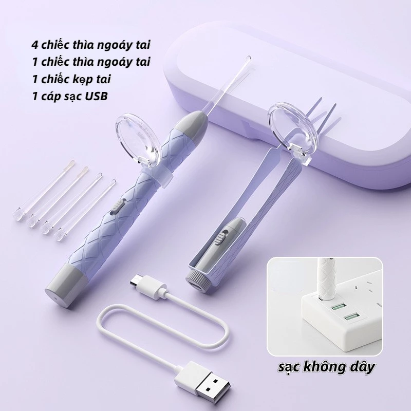 [bộ lấy ráy tai có đèn]Muỗng lấy ráy tai cho bé Cao su mềm an toàn, Tặng kèm 4 đầu ngoáy tai
