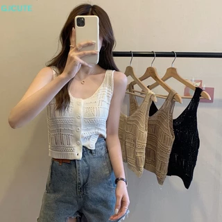 Áo croptop dệt kim GJCUTE không tay màu trơn cài nút thời trang mùa hè cho nữ