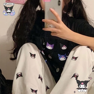 Kawaii sanrio anime kuromi quần pyjama của phụ nữ quần ống rộng quần thẳng ở nhà mềm mại