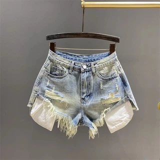 Quần Short denim Rách Lưng Cao Ống Rộng Thời Trang Mùa Hè Dành Cho Nữ