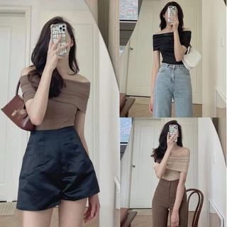 Áo trễ bẹt vai ngang bản to nữ thun tăm croptop áo ống ngắn tay freesize milana.st AO NU 0010P1