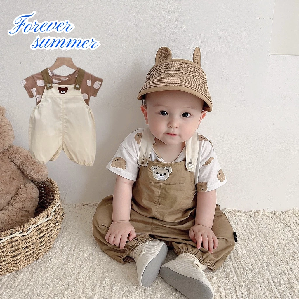 Bộ đồ mùa hè Áo thun 2 mảnh + quần yếm in hình gấu dễ thương phong cách Hàn Quốc cho bé trai / bé gái 0-4 tuổi