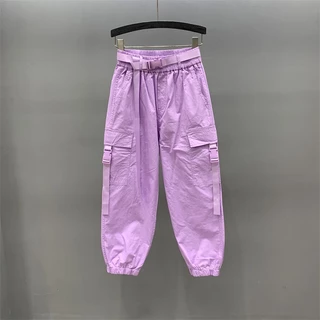 VHZR candy color age-reducing casual overalls women's 2023 Summer thin elastic high waist loose ankle-length harem pants