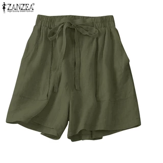 Quần short ZANZEA cotton màu trơn lưng cao buộc dây thời trang cho nữ