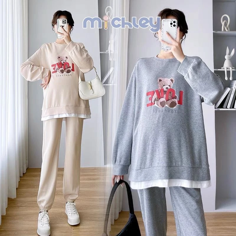 Bộ Áo sweater Dài Tay In Hình Gấu + Quần Dài Dáng Rộng Thời Trang Thu Đông Cho Mẹ Bầu