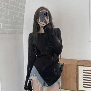 Pure Desire Style Hollow-out Ripped Knitted Bottoming Shirt for Women Spring 2023 New Slim Fit Long Sleeve Split Smock Top dnPK