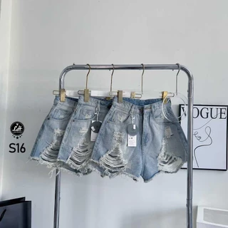 Quần short jean màu xanh cạp cao rách nhìu tua rua cá tính Lê Huy Fashion MS S16