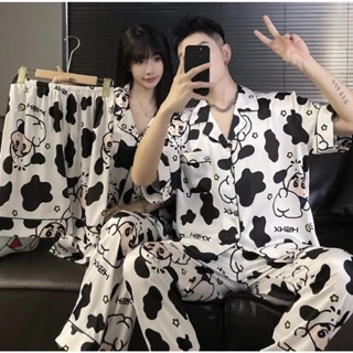 Bộ đồ ngủ hoạt hình dễ thương Crayon Shinchan cặp đôi unisex thoải mái Bộ đồ ngủ satin phù hợp cho nam và nữ