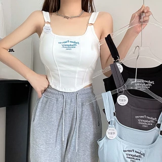 Sinransinya In Chữ Nhỏ Camisole Nữ Bên Trong Cotton Mỏng Áo Khoác Ngoài Ngắn