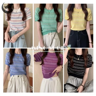 Áo Thun Croptop Dệt Kim Ngắn Tay Cổ Tròn Họa Tiết Kẻ Sọc Thời Trang Mùa Hè