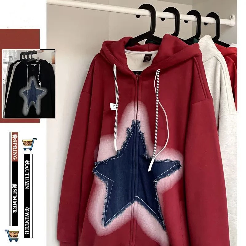 Áo Hoodie Dáng Rộng In Hình Ngôi Sao Thời Trang Đường Phố Cá Tính Cho Nam Nữ