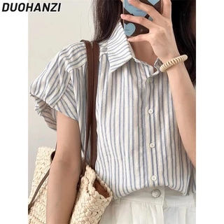 DUOHANZI  Áo Sơ Mi Cotton Kẻ Sọc Màu Trơn Thời Trang Cho Nữ