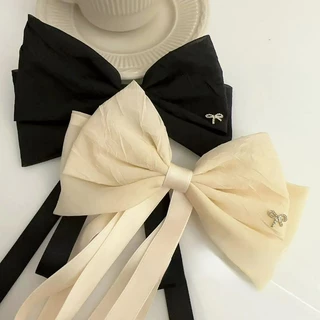 Korean Fashion Black and White Bow Ribbon Hair Pin Diamond Back Head Spring Clips for Women Simple Hair Clip Hair Accessories