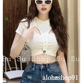 áo kiểu tay ngắn croptop chất bozip khoét túm 1 nút giữa ngực cá tính alohashop91