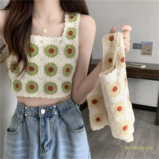 Ivy Áo Croptop Dệt Kim Hai Dây Không Tay Họa Tiết Hoa Cúc Rỗng Cho Nữ