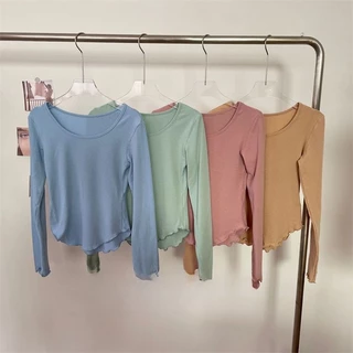 [Mặc Sớm Mùa Thu] Áo Thun Cotton Mỏng Tay Dài Cổ Chữ U Màu Trơn Phong Cách Xuân Thu Mới Cho Nữ @