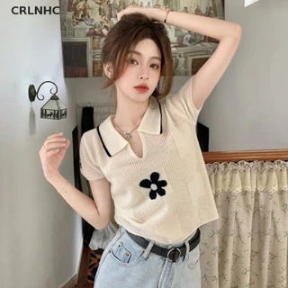 CRLNHC Áo Croptop Dệt Kim Tay Ngắn Thêu Hoa Kiểu Retro Thời Trang Mùa Hè Cho Nữ