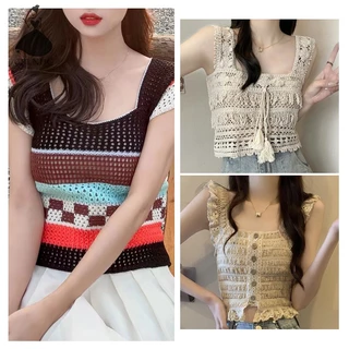 Áo Croptop Dệt Kim Cổ Vuông Tay Ngắn Màu Tương Phản Thời Trang Mùa Hè Cho Nữ