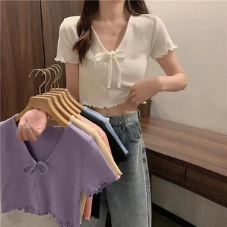 COZOK Áo Croptop Tay Ngắn Dáng Ôm Thắt Nơ Xinh Xắn