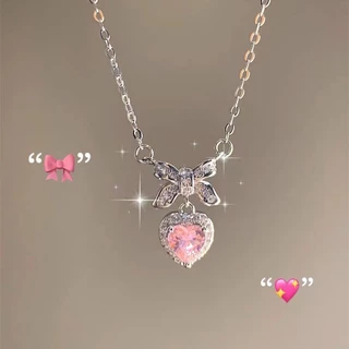 Phiên bản hàn quốc của retro ins pink diamond love bow vòng cổ ánh sáng sang trọng nhỏ sang trọng cao cấp cổ áo chuỗi xương món quà trang sức mới