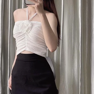 Áo ống nữ đính bông phom croptop rút dây