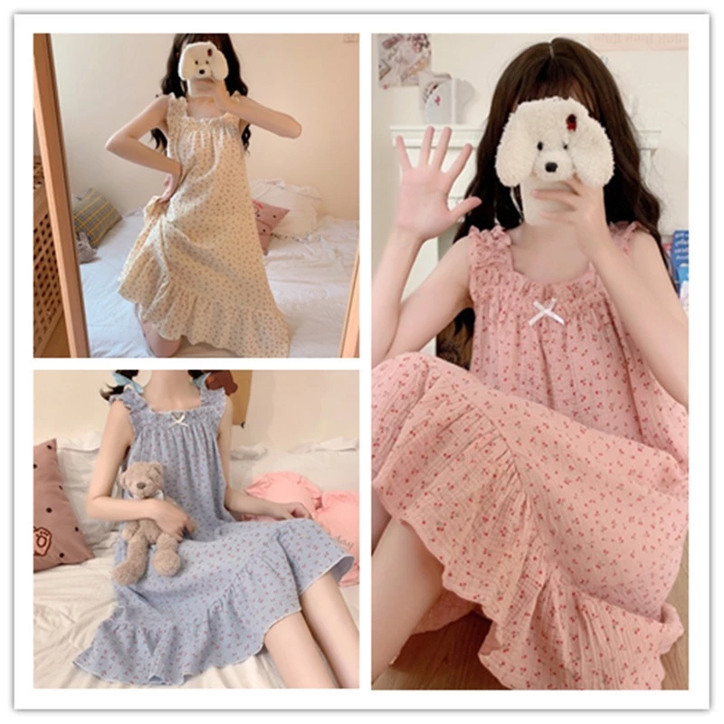 Bong bóng cotton gạc đồ ngủ mùa hè phụ nữ sling nightdress influencer dễ thương ngọt ngào đồ mặc nhà