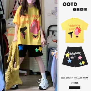 Bộ Đồ Thể Thao Áo Thun Cotton Tay Ngắn + Quần Short Dáng Rộng Phong Cách Preppy Thời Trang Mùa Hè Cho Nữ