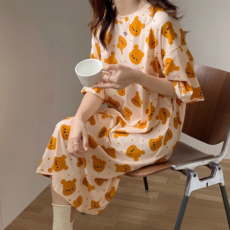 Váy Ngủ-Đầm Ngủ Ngắn Tay Cổ Tròn Form Rộng Thời Trang Mùa Hè Cho Nữ