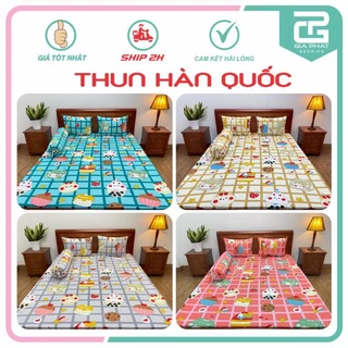 Bộ ga giường, Drap nệm Thun Lạnh Hàn Quốc 4 món họa tiết Hoạt hình (1 ga bọc + 2 vỏ gối nằm + 1 vỏ gối ôm)