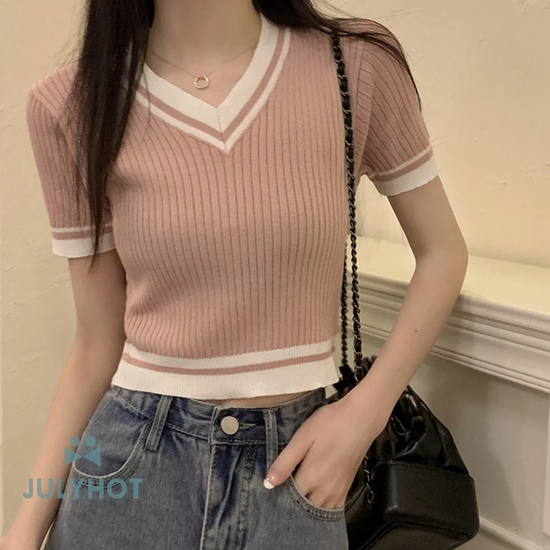 Áo Thun Nữ Ngắn Tay Skinny dệt kim ngầu ngầu Áo Crop Top Cổ Chữ V