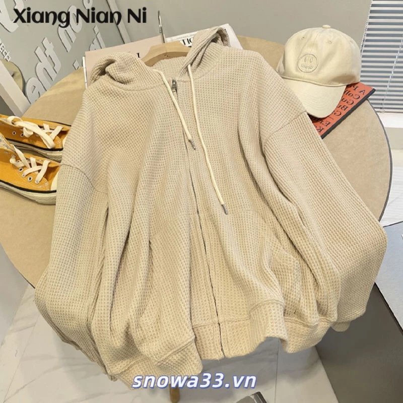 Xiang Nian Ni Waffle Áo Khoác cardigan Dài Tay Dáng Rộng Có Khóa Kéo Thời Trang Mùa Thu Mới Cho Nữ