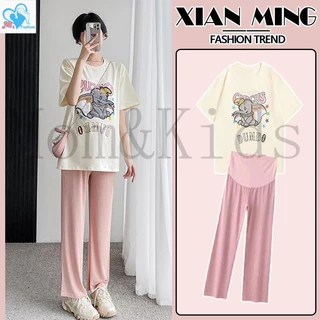 Ready Stock Set Áo Thun Ngắn Tay + Quần Short Thời Trang Cho Mẹ Bầu